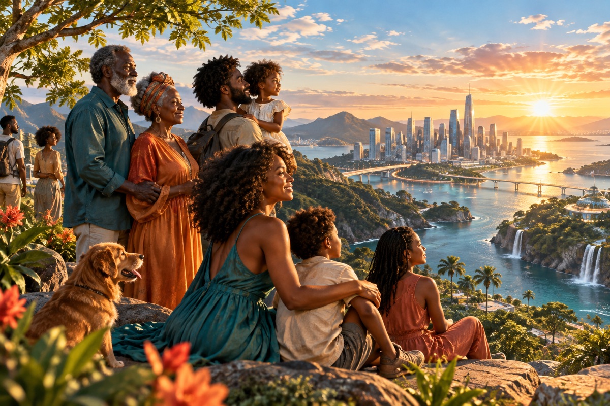 Tawny and swarthy Black family members of several generations overlooking a bright natural city landscape